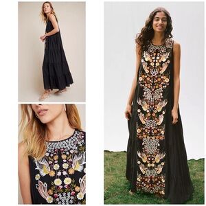 NWT Anthro Samant Chauhan Embroderied Floral Birds Jacaranda Tiered Maxi Dress 0